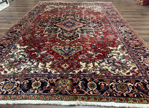 Antique Persian Heriz Rug 8x11, Geometric Tribal Wool Carpet, Brick Red