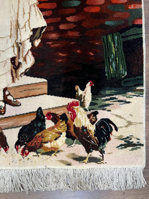 Persian Tabriz Pictorial Rug 2x3, Fine High KPSI Pictorial Carpet, Lady in Front of Home with Chickens 2 x 3 ft Oriental Rug Vintage Handmade Wool