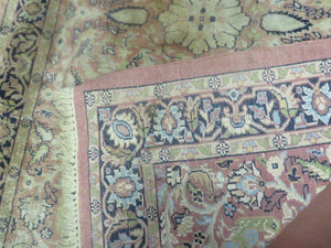 Indian Silk Rug 4x6, Indian Kashmiri Silk Carpet 4 x 6 ft, Vintage Hand Knotted Floral Bird Motifs, Light Pink and Navy Blue, Silk on Cotton