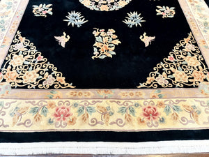 Chinese Wool Rug 9x12, Chinese Carving Carpet, Floral Medallion, Black and Beige, Butterflies, Vintage Asian Oriental Rug, 90 Line Rug