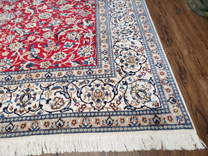 Persian Nain Rug 8x12, Red and Ivory, Signed