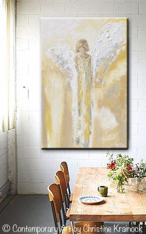 GICLEE PRINT Art Angel Painting Gold Grey White Abstract Guardian Angel Modern Home Wall Art Large