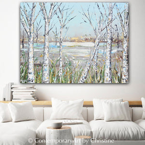 "Just Breathe" Giclee Print Art Abstract Landscape Painting Birch Trees Light Blue White