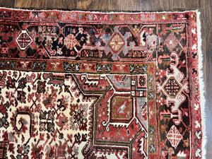 Large Persian Heriz Rug 10x13, Red and Cream Geometric Tribal Room Sized Handmade Wool Hand Knotted Semi Antique Decorative Oriental Carpet
