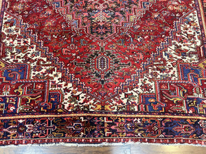 Persian Heriz Rug 9x11 ft, Geometric Rug 9 x 11, Red Room Sized Semi Antique Vintage Wool Hand Knotted Oriental Carpet