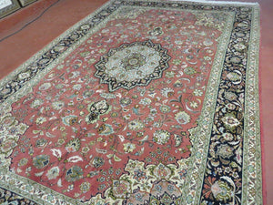 Persian Tabriz Rug 7x10, Floral Medallion Finely Hand Knotted Vintage Authentic Oriental Carpet 7 x 10, Salmon Color, 400 KPSI Elegant, Wool & Silk