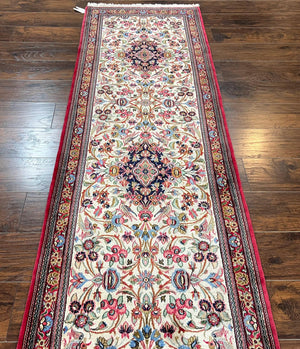 Wonderful Persian Qum Runner Rug 2.8 x 10 ft, Floral Medallions with Bird Motifs, Hand Knotted Wool Fine Oriental 10ft Hallway Runner, Cream Red