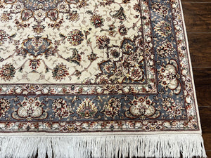 Sino Persian Square Rug 5x5, Very Fine Oriental Carpet, Wool & Silk Highlights, Ivory, Hand Knotted Handmade Vintage Traditional Rug
