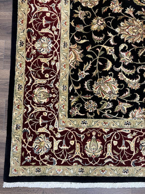 Indo Persian Rug 8x10, Black and Maroon Floral Allover Wool and Silk Oriental Carpet 8 x 10 ft, Hand Knotted Traditional Vintage Room Sized