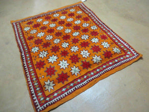 Vintage Moroccan Rug 4x5, Orange Ivory Red, Geometric Stars, Repeated Motif Allover, Hand Knotted Soft Wool Area Rug, Tribal Oriental Carpet
