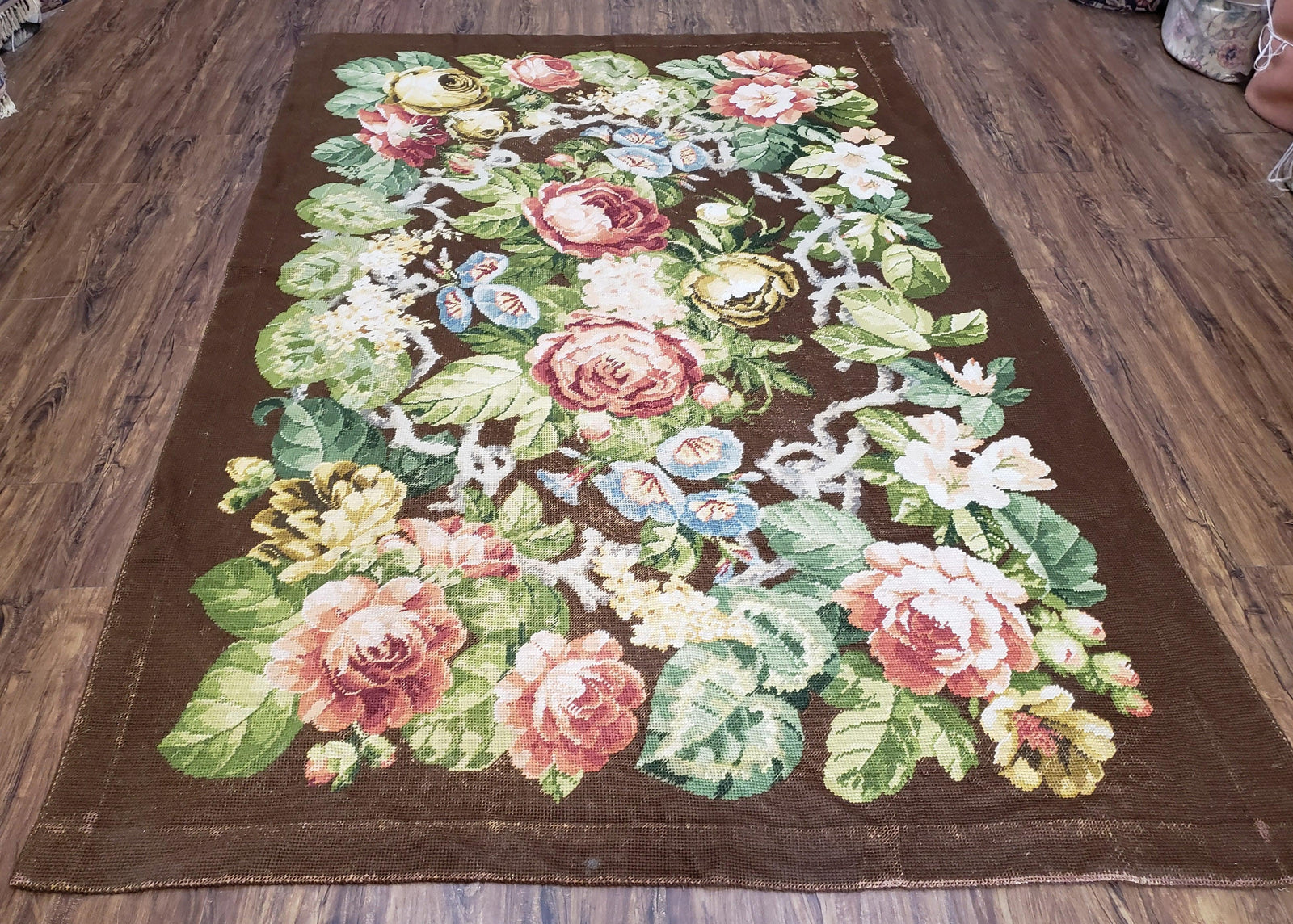Floral Needlepoint Rug, Medium Rug, Vintage Area Rug, Handmade Flat Weave Rug, Dark Brown Rug, Multicolor Large Colorful Flowers, 6x8