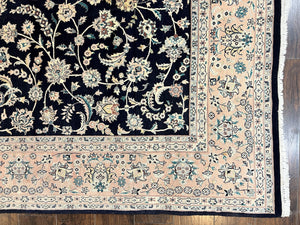 Pak Persian Rug 8x11, Fine Floral Allover Oriental Carpet 8 x 11 ft, Dark Blue and Pink, Room Sized Wool Vintage Rug, Hand Knotted Rug