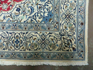 Square Persian Nain Rug 6'3" x 6' 8", Hand-Knotted, Wool with Silk Accents, Ivory Red Blue