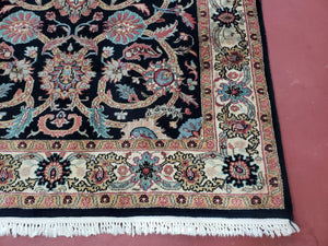 Vintage Indo Persian Mahal Area Rug 4x6, Wool Hand-Knotted Midnight Blue & Ivory Floral Design Indian Carpet, 4 x 6 Traditional Oriental Rug