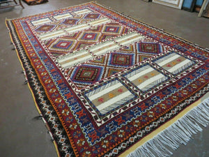 7x11 Moroccan Rug, Vintage Moroccan Carpet, Tribal Rug 7 x 11, Geometric Rug, Diamond Panels, Multicolor, Hand Knotted Wool Rug, Unique Rug