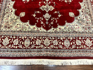 Pak Persian Rug 9x12, Handmade Vintage Traditional Wool Carpet, Floral Medallion, Dark Red Ivory/Cream, Fine 250 KPSI