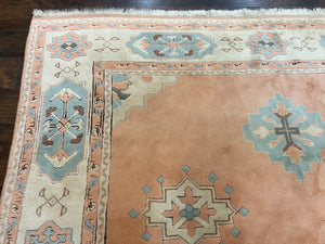 Turkish Oushak Rug 9x12, Wool Hand Knotted Vintage Carpet, Peach Cream Light Blue Room Sized Oriental Rug