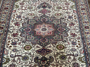 Turkish Sivas Rug 7x9, Vintage Wool Hand-Knotted Carpet, Ivory Cream Purple Tan, Floral Medallion Rug, Fine Oriental Carpet, Medium Size Rug
