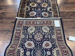 Indo Persian Runner 2.8 x 18, Long Skinny Hallway Wool Runner Rug, Hand Knotted Vintage Floral Allover Traditional Runner Dark Blue Burgundy