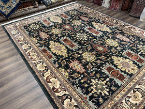 Indo Persian Mahal Rug 9x12, Dark Green and Cream Hand Knotted Wool Oriental Carpet, Floral Allover, Vintage Traditional Handmade Room Sized