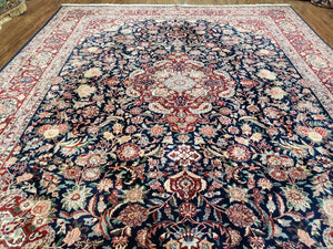 Vintage Dark Blue Persian Room Sized Rug 8x10, Wool & Silk Highlights Hand-Knotted Midnight Blue Red Floral Carpet, 8 x 10 Living Room Rug