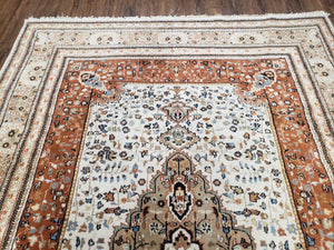 6x9 Vintage Indo-Persian Area Rug, Wool Hand-Knotted Carpet, Ivory & Squash Orange, Floral Medallion Tribal Rug, Indian Carpet, Decorative