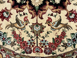 Silk Persian Tabriz Round Rug 3x3 ft, Very Fine Hand Knotted Carpet 380 KPSI, Cream & Gold, Bird Pictorials, Floral, Rare