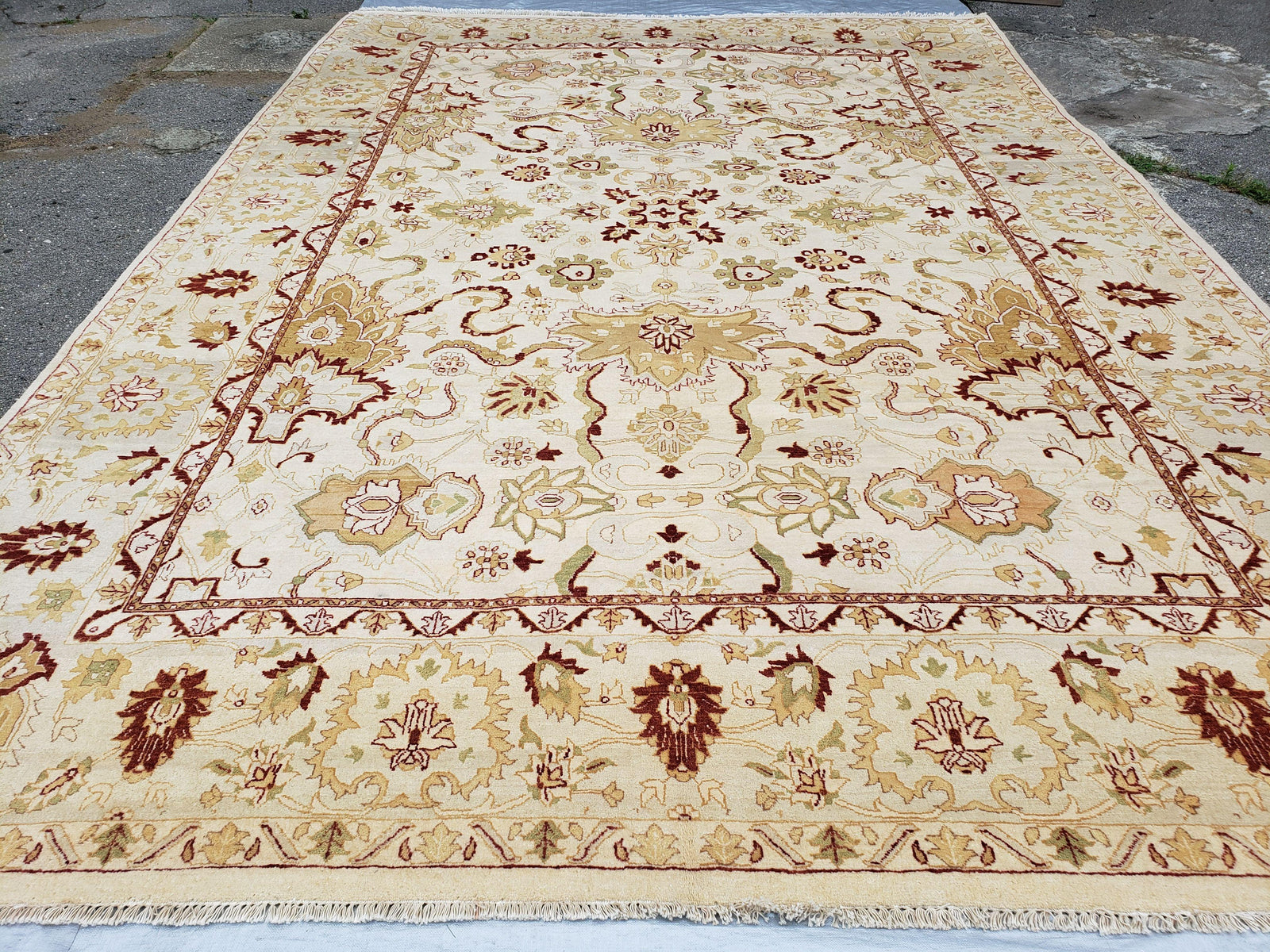 Vintage Oushak Area Rug, Hand-Knotted, Wool, Cream Beige Maroon, 10x15 Rug, 10x14 Rug, Large Oriental Carpet