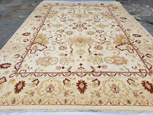 Vintage Oushak Area Rug, Hand-Knotted, Wool, Cream Beige Maroon, 10x15 Rug, 10x14 Rug, Large Oriental Carpet