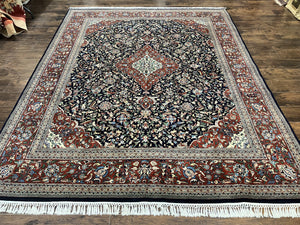Indo Persian Rug 8x10, Floral Medallion, Vintage Handmade Wool Carpet, Navy Blue and Red, Fine 300 KPSI