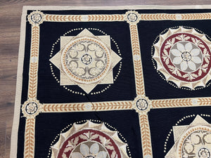 Large Needlepoint Rug 10x13, Panel Design, Black and Beige, Wool Needlepoint Carpet 10 x 13, English Garden, Handwoven Area Rug, Living Room