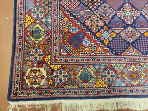 Wonderful Persian Kashan Rug 5x7, Dark Blue and Multicolor Panel Design, Wool Vintage Hand Knotted Carpet