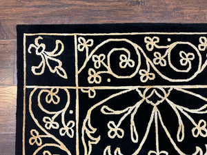 Tibetan Rug 8x10, Wool and Silk, Raised Pattern, Black and Gold, Floral