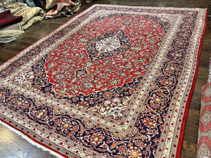 Persian Kashan Rug 10x13, Floral Medallion, Traditional Area Rug, Red Navy Blue Ivory, Handmade Semi Antique Vintage Wool Oriental Carpet 10 x 13
