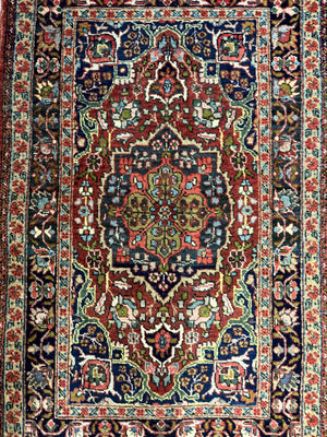 Antique Persian Tabriz Rug 3x5, Brick Red Navy Blue, Floral Medallion, Small Persian Carpet
