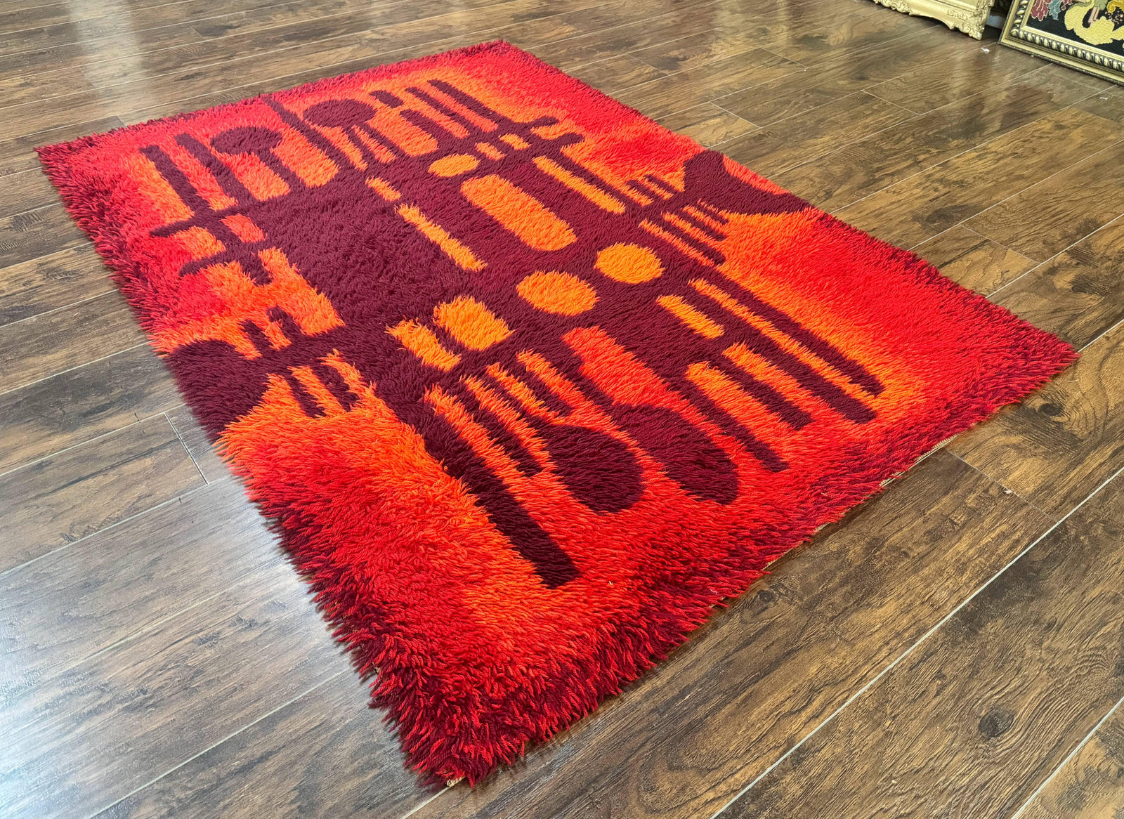 Danish Rya Shag Rug 4x6, Red Vintage Mid Century Retro Abstract Shag Rug