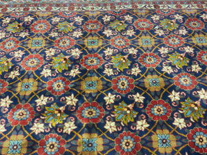 Navy Blue Antique Persian Rug 7x11, Veramin Mina Khani Repeated Allover Pattern, Vintage Authentic Hand Knotted Handmade Wool Room Sized Carpet