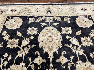 Indo Mahal Rug 8x10, Black and Beige, Vintage Rug 8 x 10 ft, Floral, Handmade Wool Carpet