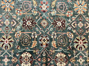 Indo Persian Rug 9x12, Wool Hand Knotted Vintage Carpet, Green and Maroon, Traditional Allover Floral Design, 9 x 12 Room Sized Rug