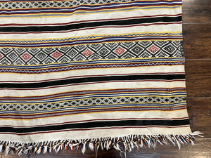 South American Kilim Rug 4x7 ft, Wool Handmade Vintage Carpet, Ivory Black Multicolor Stripes, Bohemian Blanket Rug, Flatweave Area Rug