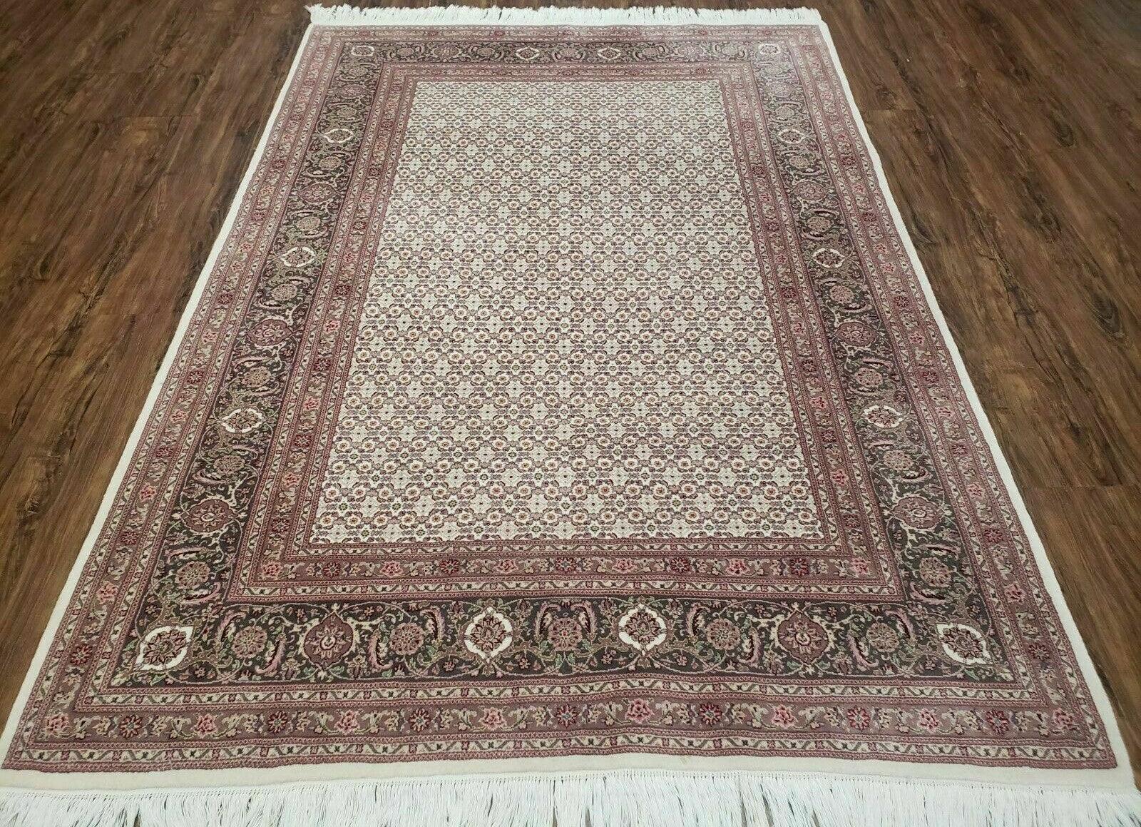 Vintage Persian Tabriz Rug 5x7, Beige and Green, Hand Knotted Handmade Wool Oriental Carpet 5 x 7 ft, Allover Pattern, Traditional Rug, Medium Size