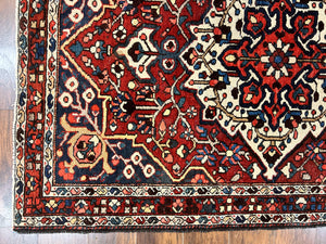 Persian Bakhtiari Rug 5 x 6.6, Tribal Geometric Carpet, Red Ivory, Handmade Wool Medium Sized Oriental Rug, Semi Antique Vintage