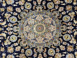Wonderful Navy Blue Persian Kashan Rug 11x13, Allover Floral Design with Central Medallion, Wool Hand-Knotted Antique Carpet, Signed Rabani Rug