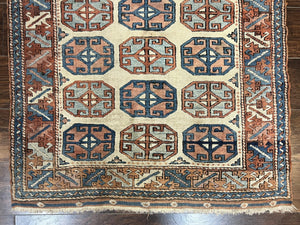 Turkish Kazak Rug 3x4, Wool Hand Knotted Handmade Vintage Carpet, Geometric Tribal Repeated Motif, Small 3 x 4 Antique Rug, Cream Red