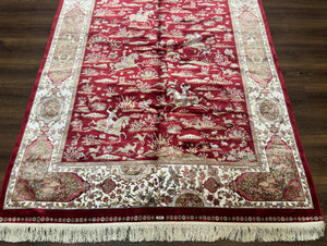 Turkish Silk Hunting Scene Rug 5 x 7.6, Red & Ivory, Bamboo Silk, New