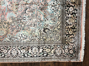 Indian Kashmiri Silk Rug 9x12, Vintage Rug 9 x 12 ft, Salmon Ivory Black Hand-Knotted Silk on Cotton Oriental Floral Carpet, Traditional Rug