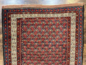 Persian Kurdish Rug 5x6, Wool Hand Knotted Vintage Carpet, Red Blue Cream, Boteh Paisley Pattern, 5 x 6 Medium Sized Oriental Rug