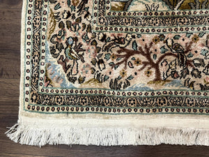 Indian Kashmiri Silk Rug 4x7, Tree of Life Design, Very Fine 380 KPSI, Birds