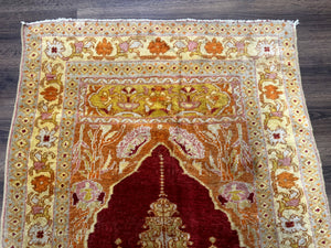 Antique Turkish Prayer Rug 4x6, Red and Golden Mustard, Mihrab Design, Anatolian Carpet