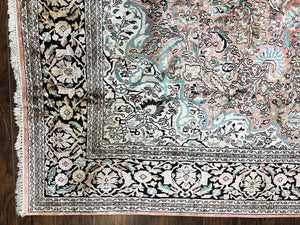 Indian Kashmiri Silk Rug 9x12, Vintage Rug 9 x 12 ft, Salmon Ivory Black Hand-Knotted Silk on Cotton Oriental Floral Carpet, Traditional Rug